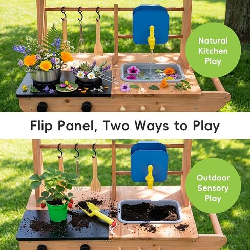 Mud Kitchen for Kids Outdoor with Wheels, Wooden Outdoor Play Kitchen with Removable Sink, Flipable Stove, Ideal Toy for Toddlers Ages 3+ in Kuwait