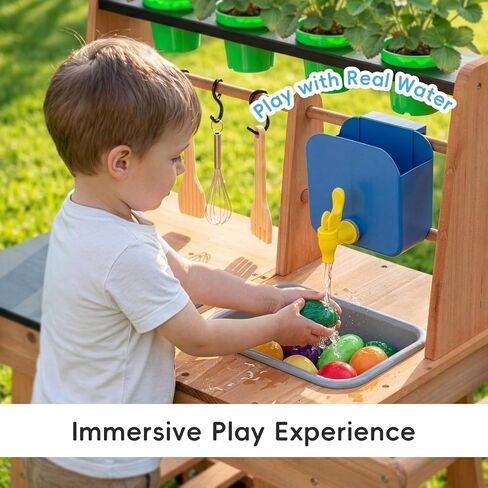 Mud Kitchen for Kids Outdoor with Wheels, Wooden Outdoor Play Kitchen with Removable Sink, Flipable Stove, Ideal Toy for Toddlers Ages 3+ in Kuwait