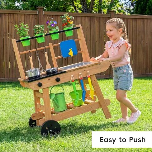 Mud Kitchen for Kids Outdoor with Wheels, Wooden Outdoor Play Kitchen with Removable Sink, Flipable Stove, Ideal Toy for Toddlers Ages 3+ in Kuwait