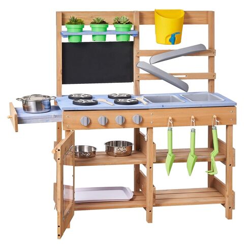 مطبخ الطين فيفور، مطبخ الطين الخارجي للأطفال، مطابخ خشبية للعب في الهواء الطلق مع مواقد وخطافات وأحواض ومجارف زراعة وملاعق ومقبض وأواني طهي وإكسسوارات، العب بالماء والرمل in Kuwait