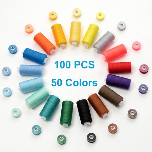 100 PCS Professional Sewing Thread, 50 Colors 400 Yard/Spool Polyester Sewing Thread with Matched Prewound Bobbins in Kuwait