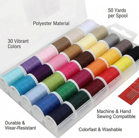 30 Pcs Polyester Sewing Thread Set, 50 Yards Per Spool, Sewing Supplies with Needles and Threader for Hand and Machine Sewing in Kuwait