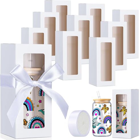 Honoson 24 Pcs Tumbler Gift Box with Ribbon for Sublimation Glass Exhibition Boxes Transparent for 12oz 16oz 20oz Drinking Cup Glasses Jars Mug Can Blanks (White) in Kuwait