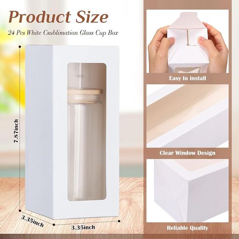 Honoson 24 Pcs Tumbler Gift Box with Ribbon for Sublimation Glass Exhibition Boxes Transparent for 12oz 16oz 20oz Drinking Cup Glasses Jars Mug Can Blanks (White) in Kuwait