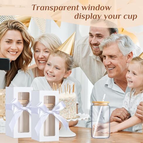 Honoson 24 Pcs Tumbler Gift Box with Ribbon for Sublimation Glass Exhibition Boxes Transparent for 12oz 16oz 20oz Drinking Cup Glasses Jars Mug Can Blanks (White) in Kuwait