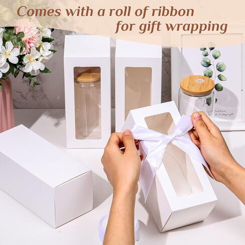 Honoson 24 Pcs Tumbler Gift Box with Ribbon for Sublimation Glass Exhibition Boxes Transparent for 12oz 16oz 20oz Drinking Cup Glasses Jars Mug Can Blanks (White) in Kuwait