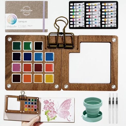 Mini Watercolor Paint Set, Watercolor Travel Paint Kit with Wooden Palette, Crossbody Bag, Water color journal, Water Brush, Water Cup, Metal Clip, for Artists, Beginners and Adults in Kuwait