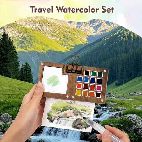 Mini Watercolor Paint Set, Watercolor Travel Paint Kit with Wooden Palette, Crossbody Bag, Water color journal, Water Brush, Water Cup, Metal Clip, for Artists, Beginners and Adults in Kuwait