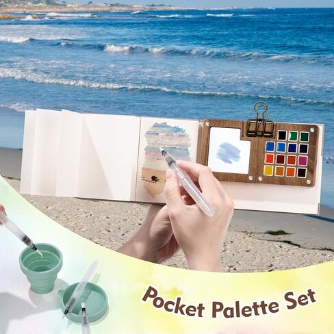 Mini Watercolor Paint Set, Watercolor Travel Paint Kit with Wooden Palette, Crossbody Bag, Water color journal, Water Brush, Water Cup, Metal Clip, for Artists, Beginners and Adults in Kuwait
