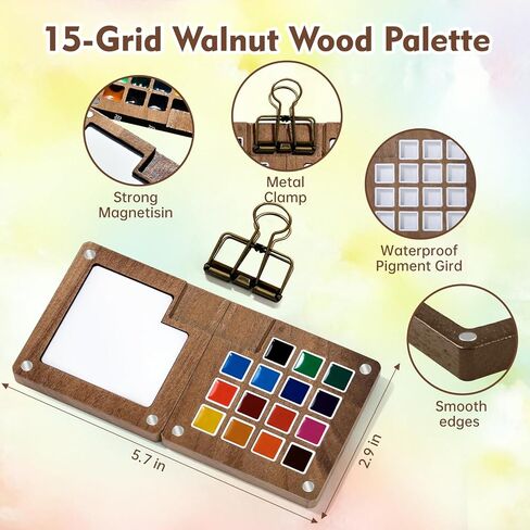 Mini Watercolor Paint Set, Watercolor Travel Paint Kit with Wooden Palette, Crossbody Bag, Water color journal, Water Brush, Water Cup, Metal Clip, for Artists, Beginners and Adults in Kuwait