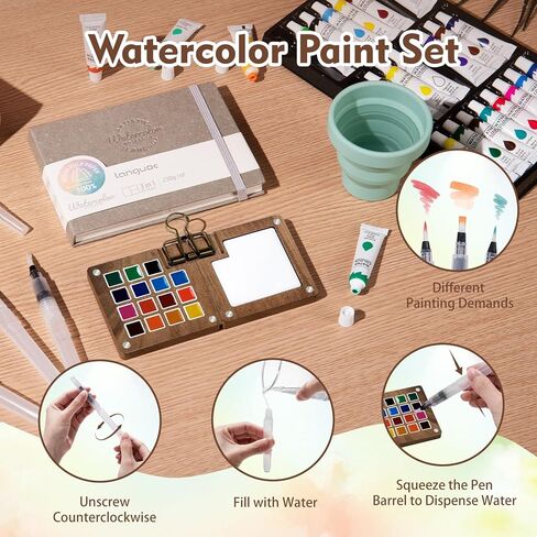 Mini Watercolor Paint Set, Watercolor Travel Paint Kit with Wooden Palette, Crossbody Bag, Water color journal, Water Brush, Water Cup, Metal Clip, for Artists, Beginners and Adults in Kuwait