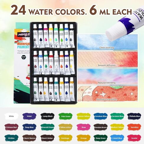 Mini Watercolor Paint Set, Watercolor Travel Paint Kit with Wooden Palette, Crossbody Bag, Water color journal, Water Brush, Water Cup, Metal Clip, for Artists, Beginners and Adults in Kuwait