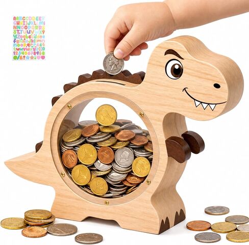 بنك أصبع الديناصورات للأطفال الأولاد - بنك أصبع خشبي مع نافذة شفافة، بنك عملات دينو قابل للطلاء بنفسك، بنك أموال قابل لإعادة الاستخدام لتوفير العملات المعدنية، ديكور غرفة نوم من الخشب الطبيعي (9.8 بوصة) in Kuwait