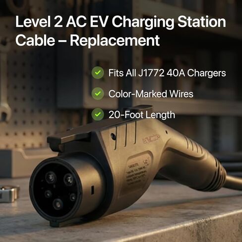 كابل استبدال شاحن EV 40A J1772 المستوى 2 - 240 فولت، 20 قدمًا، مدرج في قائمة UL، تصنيف IP67، سترة مرنة شديدة التحمل، نهاية سلك مفتوح، سهل التركيب لمحطات شحن EV in Kuwait