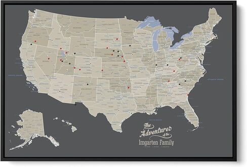 United States Travel Map with Pins – Earth Tone USA Pinnable Map to Track Travels – Canvas Wall Art Gift for Travelers – White Float Frame – 24" x 36" in Kuwait