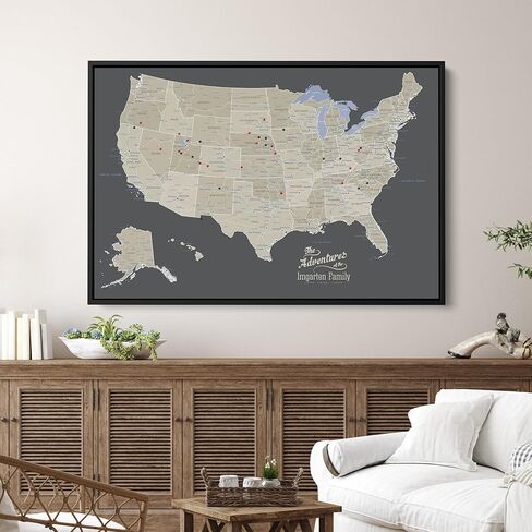 United States Travel Map with Pins – Earth Tone USA Pinnable Map to Track Travels – Canvas Wall Art Gift for Travelers – White Float Frame – 24" x 36" in Kuwait