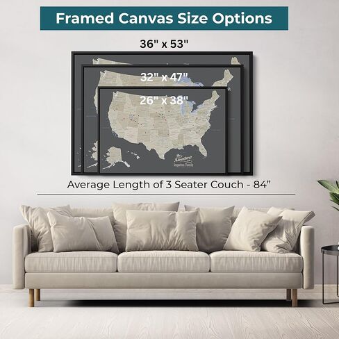 United States Travel Map with Pins – Earth Tone USA Pinnable Map to Track Travels – Canvas Wall Art Gift for Travelers – White Float Frame – 24" x 36" in Kuwait