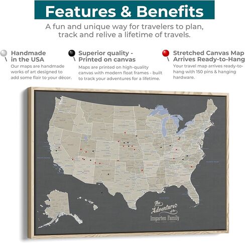 United States Travel Map with Pins – Earth Tone USA Pinnable Map to Track Travels – Canvas Wall Art Gift for Travelers – White Float Frame – 24" x 36" in Kuwait