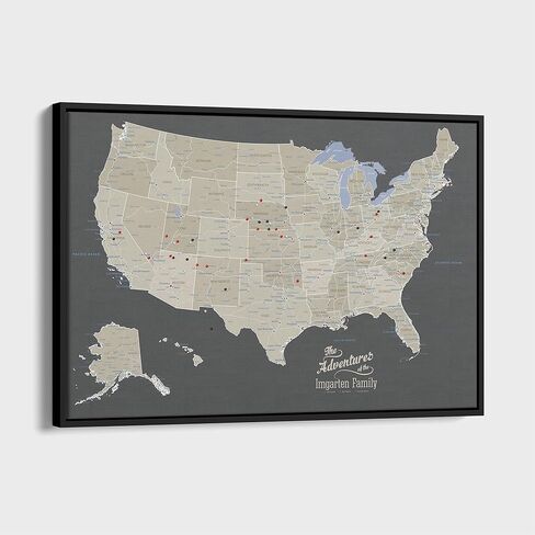 United States Travel Map with Pins – Earth Tone USA Pinnable Map to Track Travels – Canvas Wall Art Gift for Travelers – White Float Frame – 24" x 36" in Kuwait