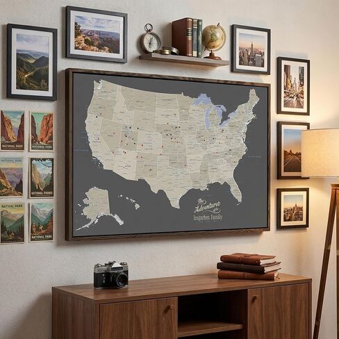 United States Travel Map with Pins – Earth Tone USA Pinnable Map to Track Travels – Canvas Wall Art Gift for Travelers – White Float Frame – 24" x 36" in Kuwait