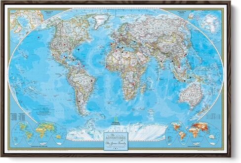 Framed Classic World Map with Pins – National Geographic Canvas Travel Map – Personalized World Wall Decor – Brown Float Frame – 24" x 36" in Kuwait