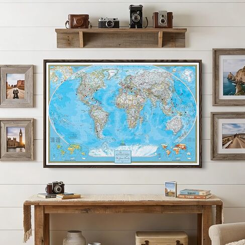 Framed Classic World Map with Pins – National Geographic Canvas Travel Map – Personalized World Wall Decor – Brown Float Frame – 24" x 36" in Kuwait