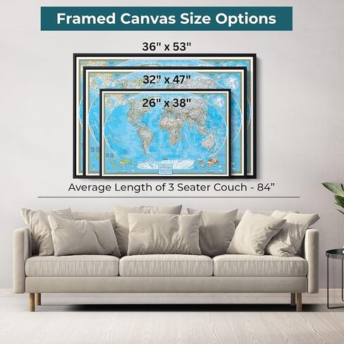 Framed Classic World Map with Pins – National Geographic Canvas Travel Map – Personalized World Wall Decor – Brown Float Frame – 24" x 36" in Kuwait