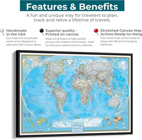 Framed Classic World Map with Pins – National Geographic Canvas Travel Map – Personalized World Wall Decor – Brown Float Frame – 24" x 36" in Kuwait