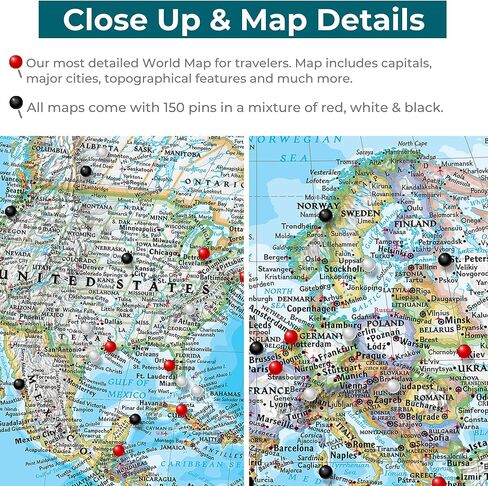 Framed Classic World Map with Pins – National Geographic Canvas Travel Map – Personalized World Wall Decor – Brown Float Frame – 24" x 36" in Kuwait