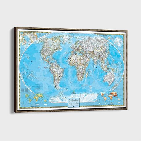 Framed Classic World Map with Pins – National Geographic Canvas Travel Map – Personalized World Wall Decor – Brown Float Frame – 24" x 36" in Kuwait