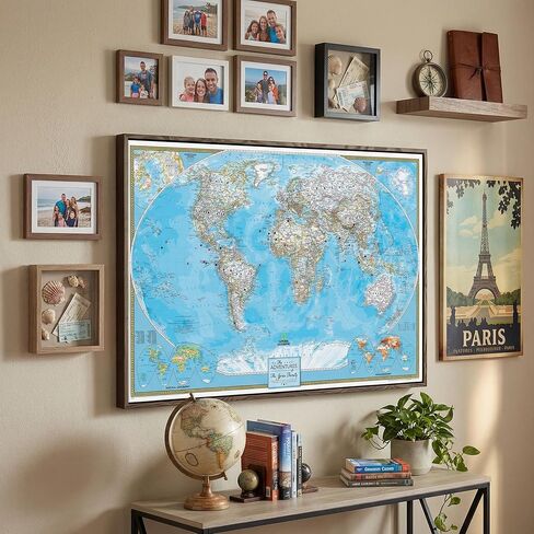 Framed Classic World Map with Pins – National Geographic Canvas Travel Map – Personalized World Wall Decor – Brown Float Frame – 24" x 36" in Kuwait