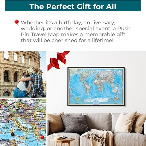 Framed Classic World Map with Pins – National Geographic Canvas Travel Map – Personalized World Wall Decor – Brown Float Frame – 24" x 36" in Kuwait