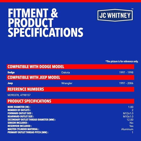 أسطوانة الفرامل الرئيسية JC Whitney JFBAJCWBMC00093 - متوافقة مع جيب رانجلر 1997-2006، دودج داكوتا 1997-1998 - التجويف: 1 بوصة in Kuwait