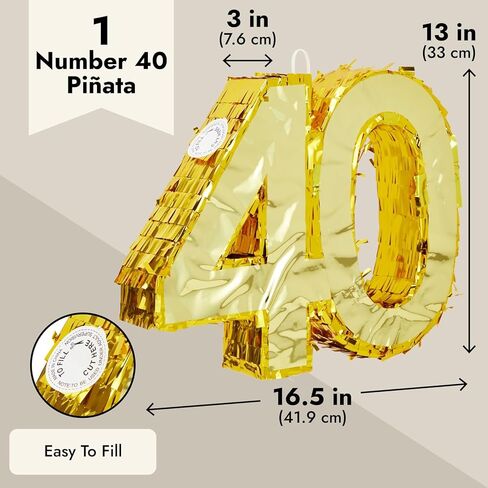 Sparkle and Bash Gold Foil Number 40 Pinata - Gold Foil Elegance for 40th Birthday Decorations - Easy-Fill Top Flap for Birthday Party - Hang & Centerpiece for Party Decor - Small - 16.5 x 3 x 13 in in Kuwait