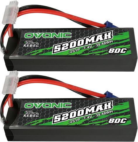 OVONIC 5200mAh 7.4V 2S Lipo Battery 80C حافظة صلبة مع موصل EC5 للسيارات والشاحنات والطائرات والطائرات بدون طيار - عبوتان in Kuwait