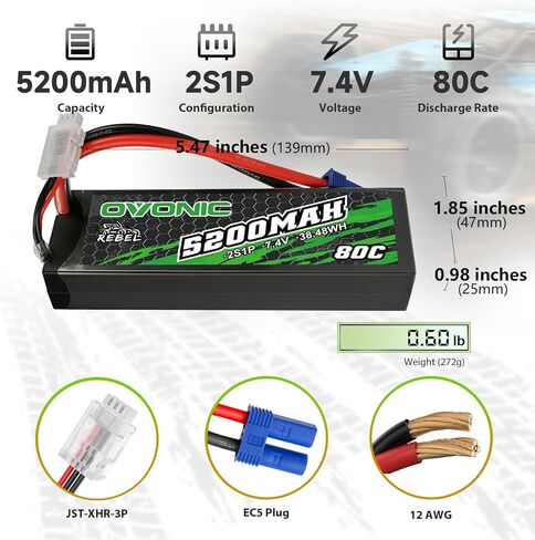 OVONIC 5200mAh 7.4V 2S Lipo Battery 80C حافظة صلبة مع موصل EC5 للسيارات والشاحنات والطائرات والطائرات بدون طيار - عبوتان in Kuwait