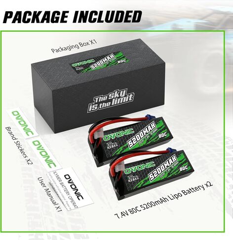 OVONIC 5200mAh 7.4V 2S Lipo Battery 80C حافظة صلبة مع موصل EC5 للسيارات والشاحنات والطائرات والطائرات بدون طيار - عبوتان in Kuwait