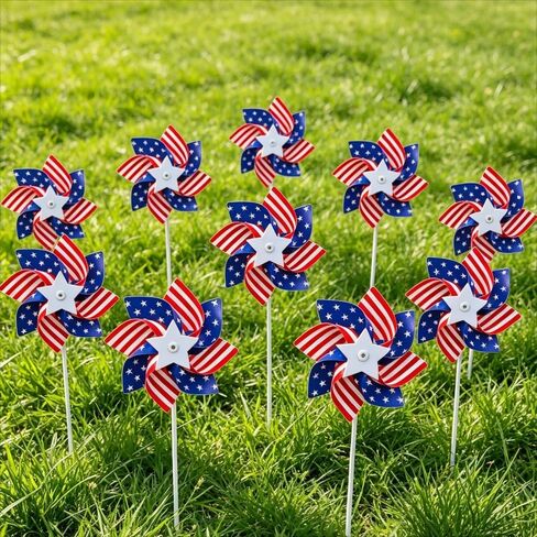 6Pcs 4th of July Patriotic Pinwheel Wind Spinners, American Flag Windmills for Yard Garden Decor, Red White Blue Outdoor Decor for Memorial Day in Kuwait