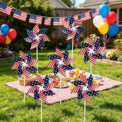 6Pcs 4th of July Patriotic Pinwheel Wind Spinners, American Flag Windmills for Yard Garden Decor, Red White Blue Outdoor Decor for Memorial Day in Kuwait