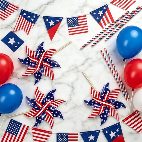 6Pcs 4th of July Patriotic Pinwheel Wind Spinners, American Flag Windmills for Yard Garden Decor, Red White Blue Outdoor Decor for Memorial Day in Kuwait