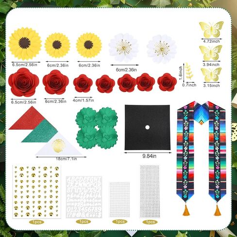 Gersoniel 44 قطعة DIY قبعة التخرج مجموعة الزينة 2026 المكسيكي التخرج وشاح زهرة رؤساء 3D فراشة ملصقات بريق الراين اللؤلؤ ملصقات الأبجدية حرف رقم التخرج قبعة توبر هدية in Kuwait