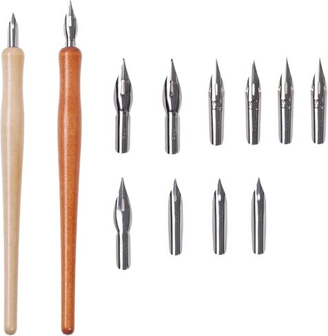 14 Pcs 6.2in Calligraphy Set, Oblique Wooden Pen Holders Steel Nibs, Dip Pens for Writing Painting Artists in Kuwait