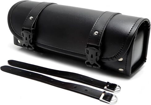 Motorcycle Handlebar Bag, Waterproof Tool Saddle Bag for Fork or Sissy Bar Mount, Vintage PU Leather Storage Pouch with Adjustable Straps, for Most Motorcycles Bikes (Black) in Kuwait