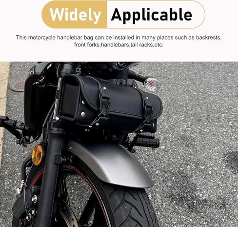 Motorcycle Handlebar Bag, Waterproof Tool Saddle Bag for Fork or Sissy Bar Mount, Vintage PU Leather Storage Pouch with Adjustable Straps, for Most Motorcycles Bikes (Black) in Kuwait