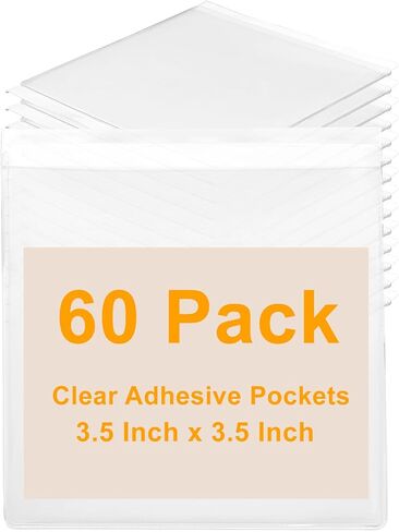 60 PCS Clear Adhesive Pockets, 3.5" x 3.5" Plastic Index Card Holder Square Labels Holder for Storage Bins and Library, Self Adhesive Tote Bag Labels Stickers for Organization in Kuwait