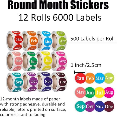 12 Rolls 6000 Labels Monthly Round Label Stickers,1 Inch Strong Adhesive, Fade-Resistant Month Stickers for Organization, Storage in Kuwait