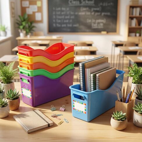 colarr 6 حزمة كتاب الموثق حامل متداخلة صناديق تخزين الفصول الدراسية صناديق الكتب البلاستيكية دائمة مع مقابض قوس قزح لون مجلد منظم لتخزين الفصول الدراسية ومكتبة المنزل منظمة in Kuwait