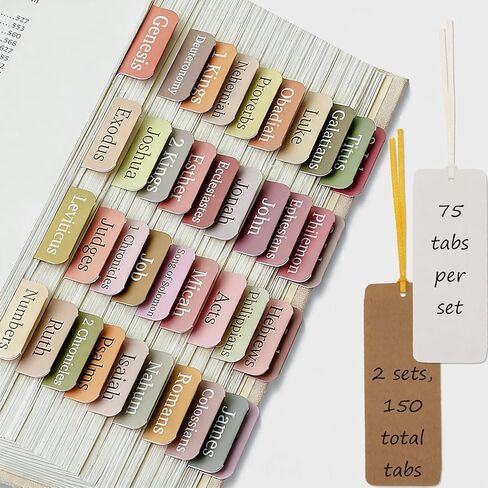 Bible Tabs for Women Men & Kids - 2 Sets, 75 Tabs per Set, 150 Total, Laminated Chapter Index Labels, Neutral Boho Theme, Large Print Stickers, Easy Navigation for Bible Study, 2 DIY Bookmarks in Kuwait