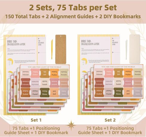 Bible Tabs for Women Men & Kids - 2 Sets, 75 Tabs per Set, 150 Total, Laminated Chapter Index Labels, Neutral Boho Theme, Large Print Stickers, Easy Navigation for Bible Study, 2 DIY Bookmarks in Kuwait