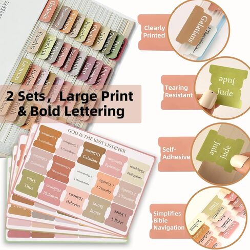 Bible Tabs for Women Men & Kids - 2 Sets, 75 Tabs per Set, 150 Total, Laminated Chapter Index Labels, Neutral Boho Theme, Large Print Stickers, Easy Navigation for Bible Study, 2 DIY Bookmarks in Kuwait